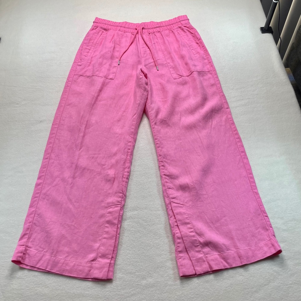 Athleta Linen Wide Leg Pants Women Large Pink Drawstring Pockets 851038-13